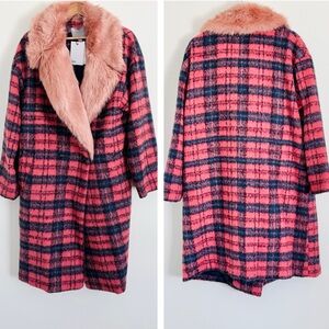 NWT ASOS Faux-Fur Collar Pink Plaid Checkered Coat